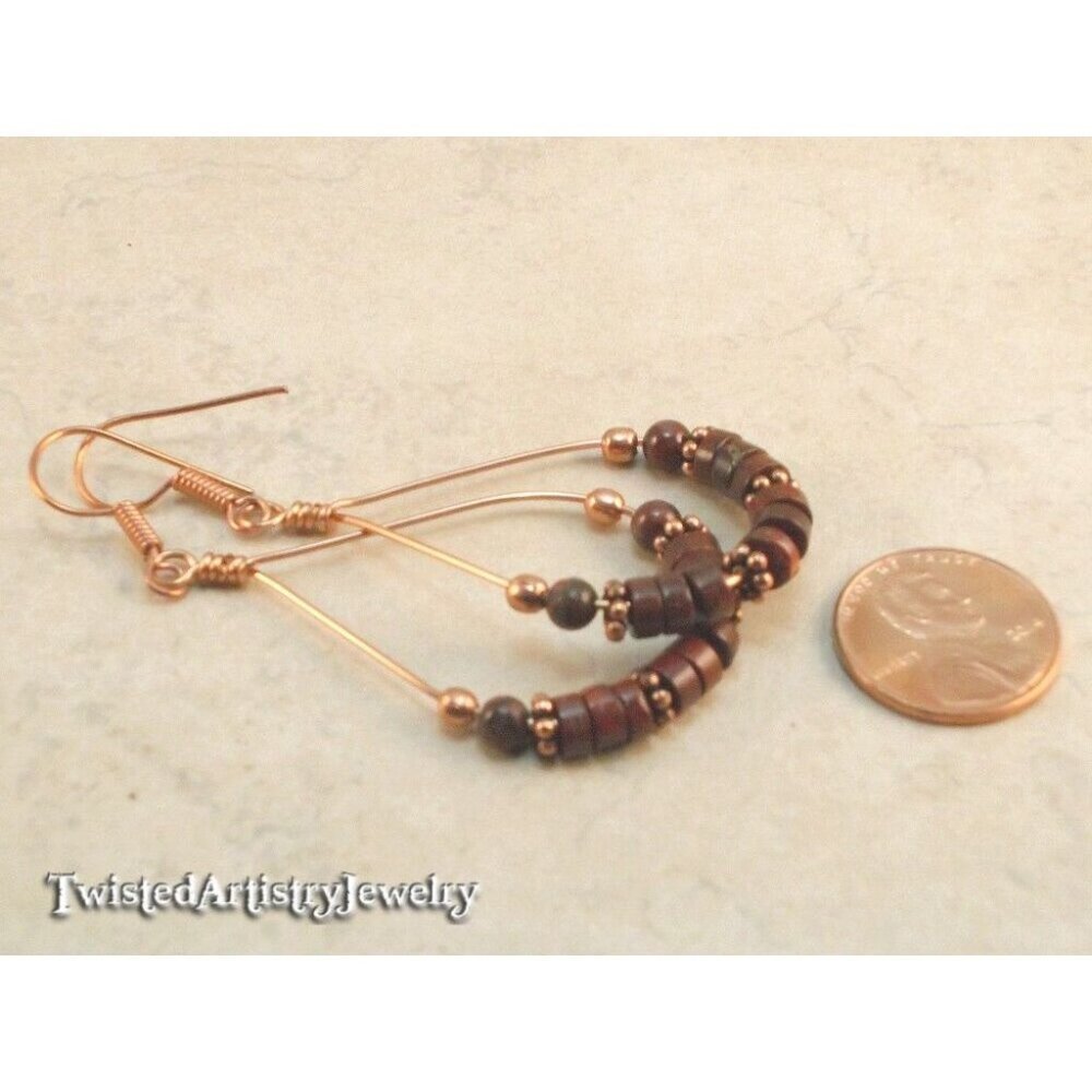 Red Jasper Beaded Copper Teardrop Hoop Earrings One-Of-A-Kind Handmade - Picture 3 of 3